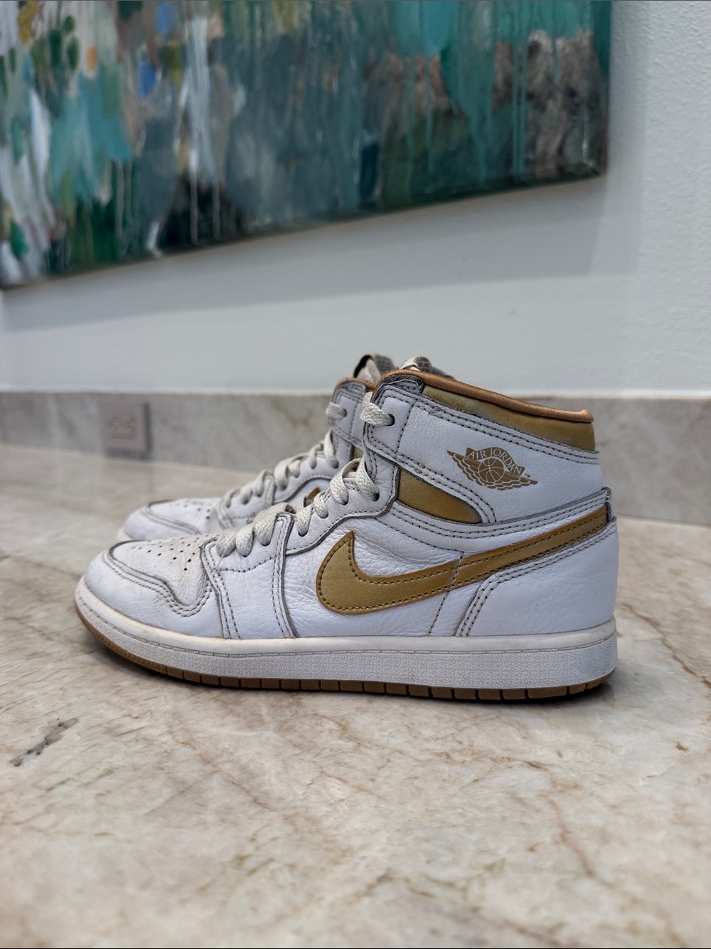 Nike Air Jordan 1 Mid White & Gold, size 3Y